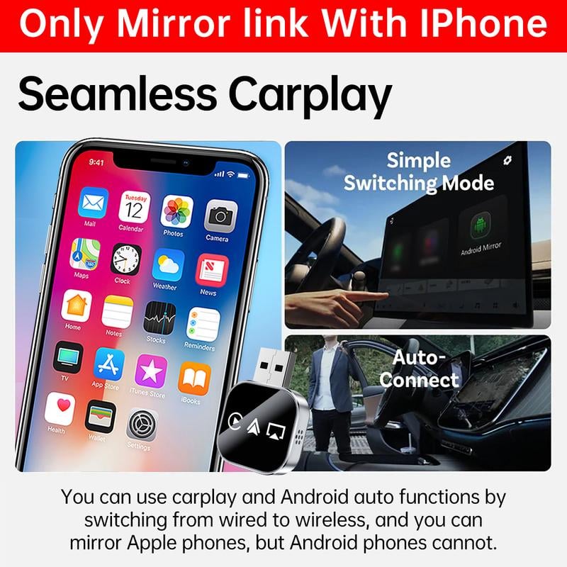 🔥2026 Upgrade 3 in 1 Wireless Carplay Mirror Link Adapter Instant Wired to Wireless Conversion Plug & PlayMini Stable Design for Wired Carplay,AirPlay.