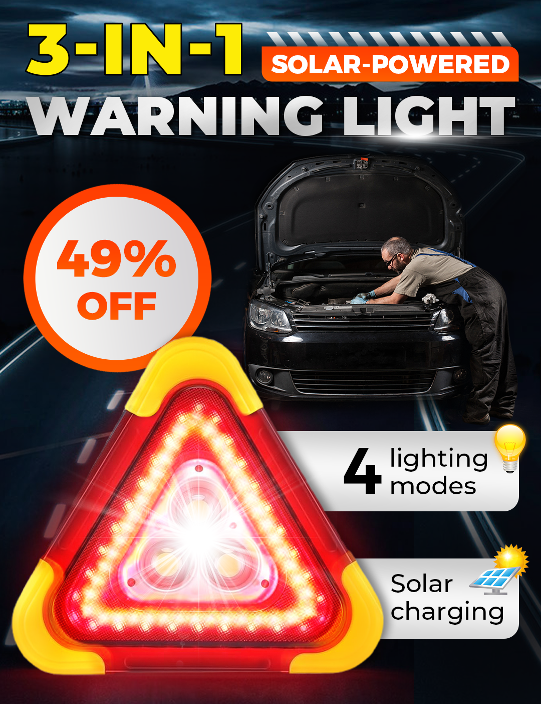 🔥2025 New Arrival🔥3-IN-1 Solar Emergency Triangle Warning Light at the Roadside.
