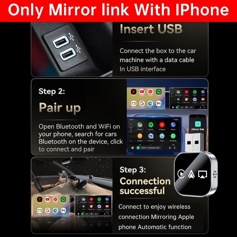🔥2026 Upgrade 3 in 1 Wireless Carplay Mirror Link Adapter Instant Wired to Wireless Conversion Plug & PlayMini Stable Design for Wired Carplay,AirPlay.