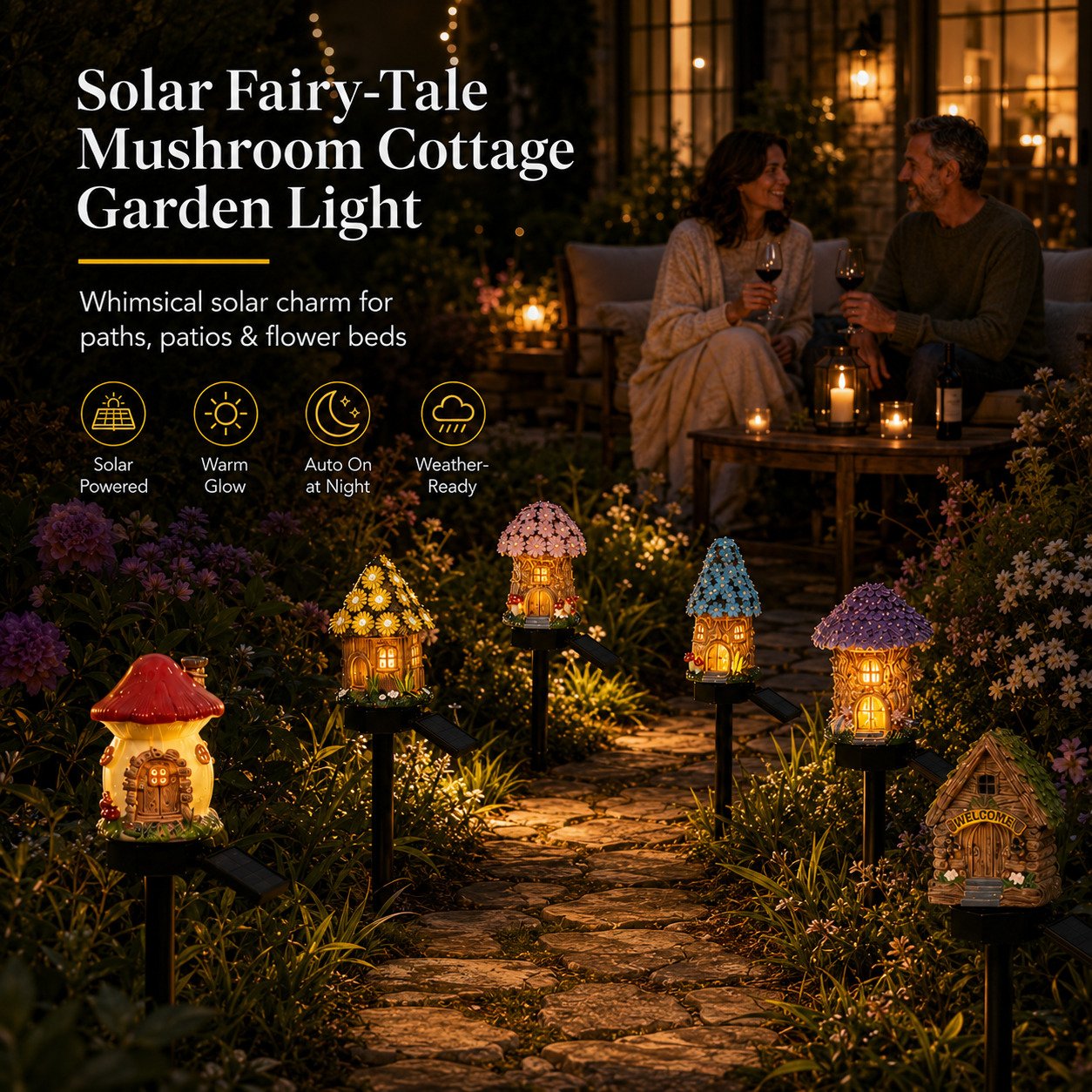 🍄Solar Fairy Tale Mushroom Cottage Garden Light – Whimsical Warm Glow for Paths, Patios & Flower Beds🌙(Buy More Save More).