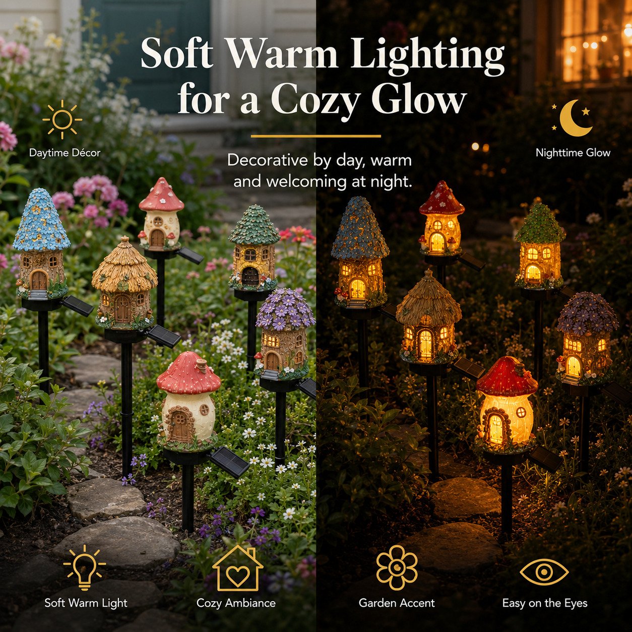 🍄Solar Fairy Tale Mushroom Cottage Garden Light – Whimsical Warm Glow for Paths, Patios & Flower Beds🌙(Buy More Save More).