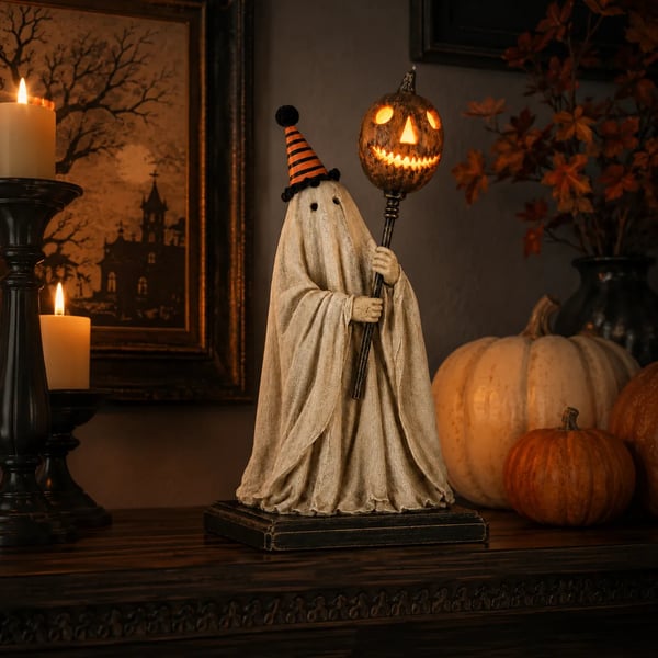 🎃Lighted Vintage Ghost Figurine with Glowing Pumpkin Staff.