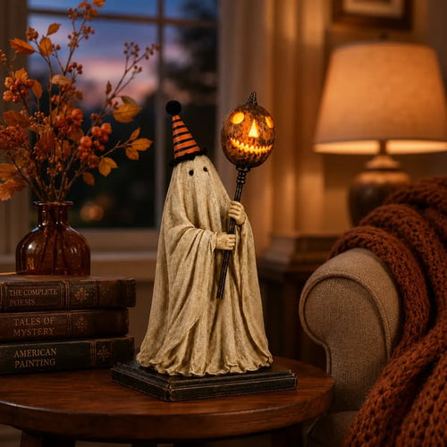🎃Lighted Vintage Ghost Figurine with Glowing Pumpkin Staff.