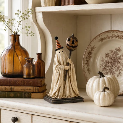 🎃Lighted Vintage Ghost Figurine with Glowing Pumpkin Staff.
