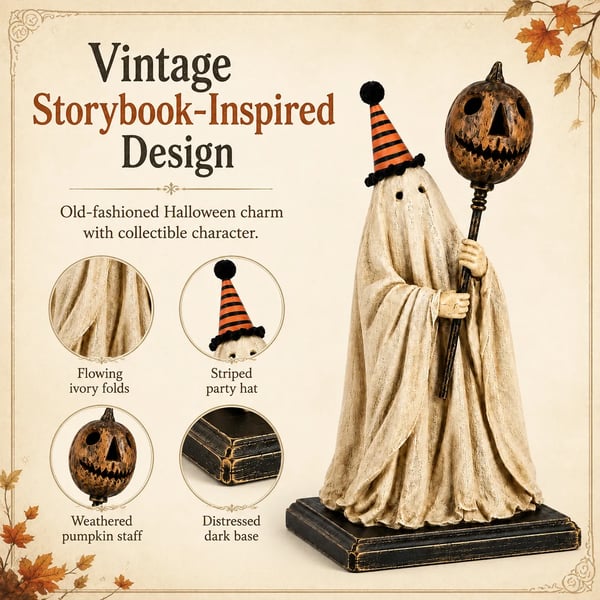 🎃Lighted Vintage Ghost Figurine with Glowing Pumpkin Staff.