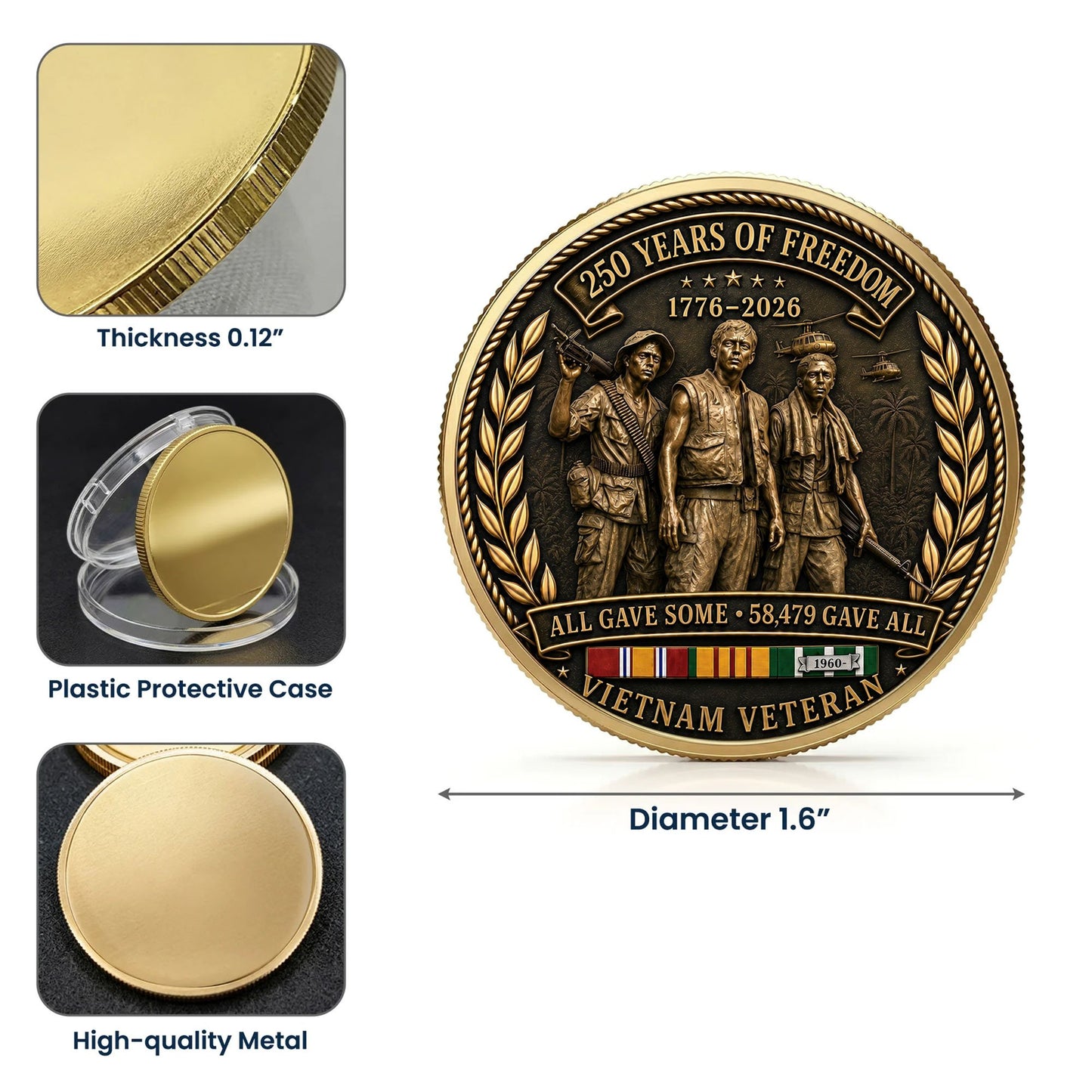 Vietnam Veteran 250th Anniversary Commemorative Coin 2 Side,  58,479 Gave All, Gift For Veteran
