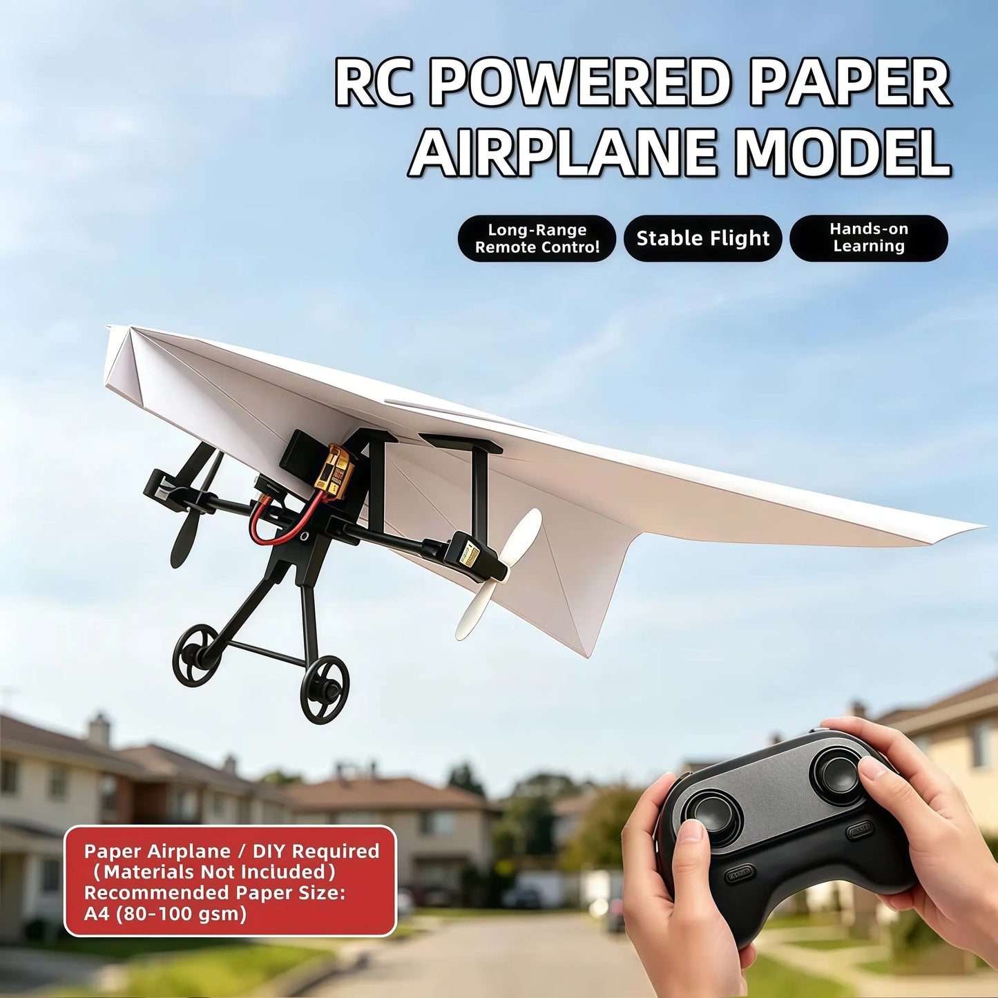 Power-Up RC Paper Airplane Kit with Gyro Stabilizer – DIY Electric Remote Control Plane with Dual Propellers, Lightweight Foldable Flying STEM Toy.