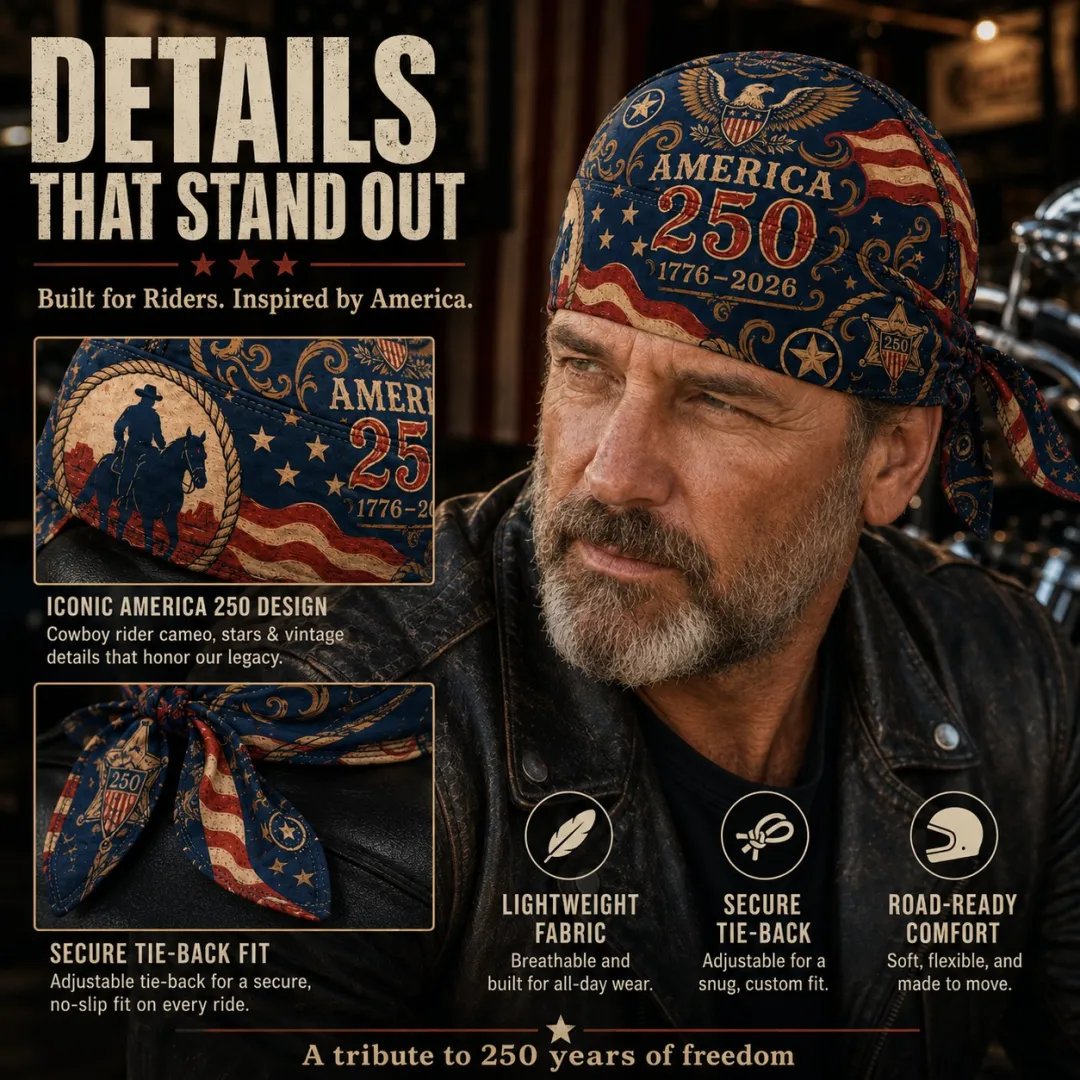 🔥LIMITED AMERICA 250 DESIGN — Cycling Pirate Hat / Biker Headwrap (Adjustable tie-back fit).