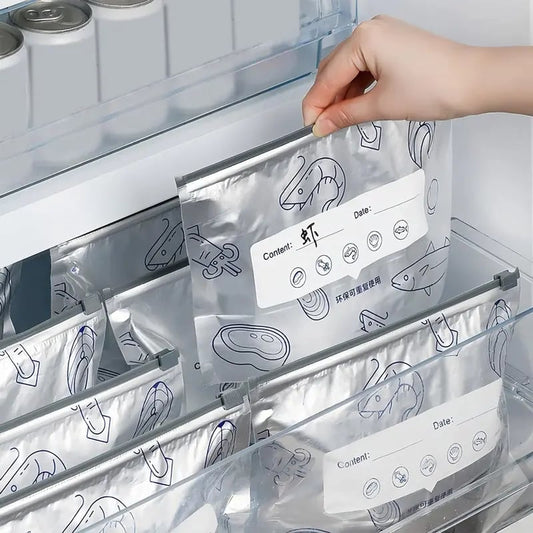 (30pcs )Reusable Aluminum Foil Sealable Storage Bags, 2026 New Resealable Vacuum Zipper Pouches for Food, Stand Up Foil Sealable Bags with Label and Zip Lock for Vegetable Fruit Meat